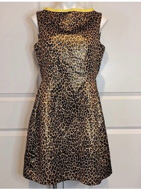 MSGM Sleeveless Leopard Print A-Line Dress with Yellow Trim
